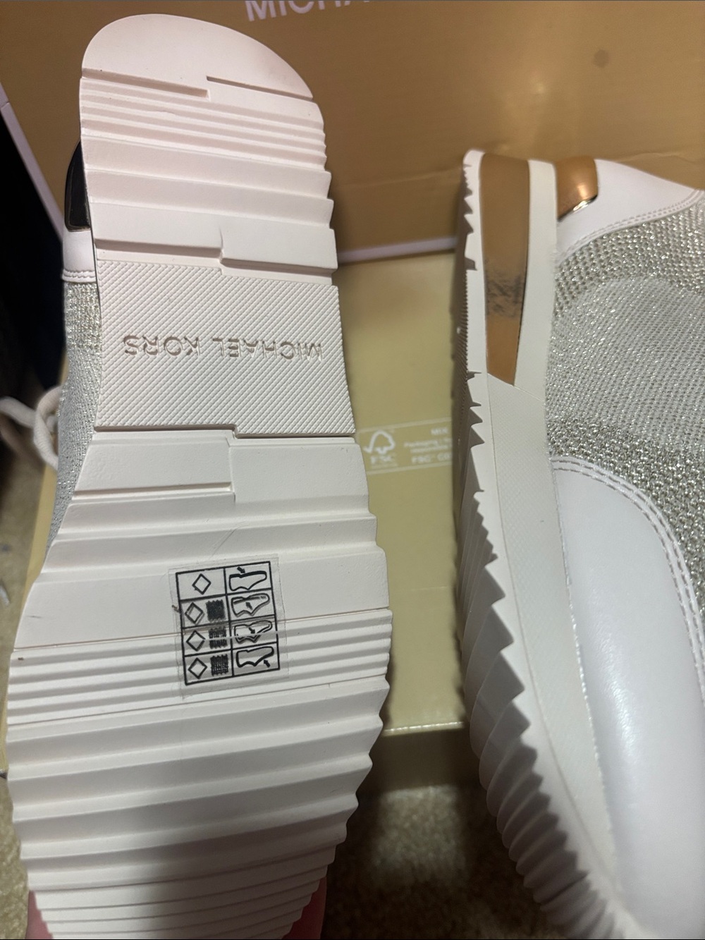 Michael Kors Cream & Gold MK Logo Knit Lace-Up Sneaker - Picture 3 of 5